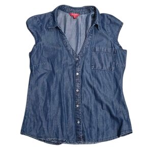 Guess Medium Denim Blue Cap Sleeve Button Down Blouse